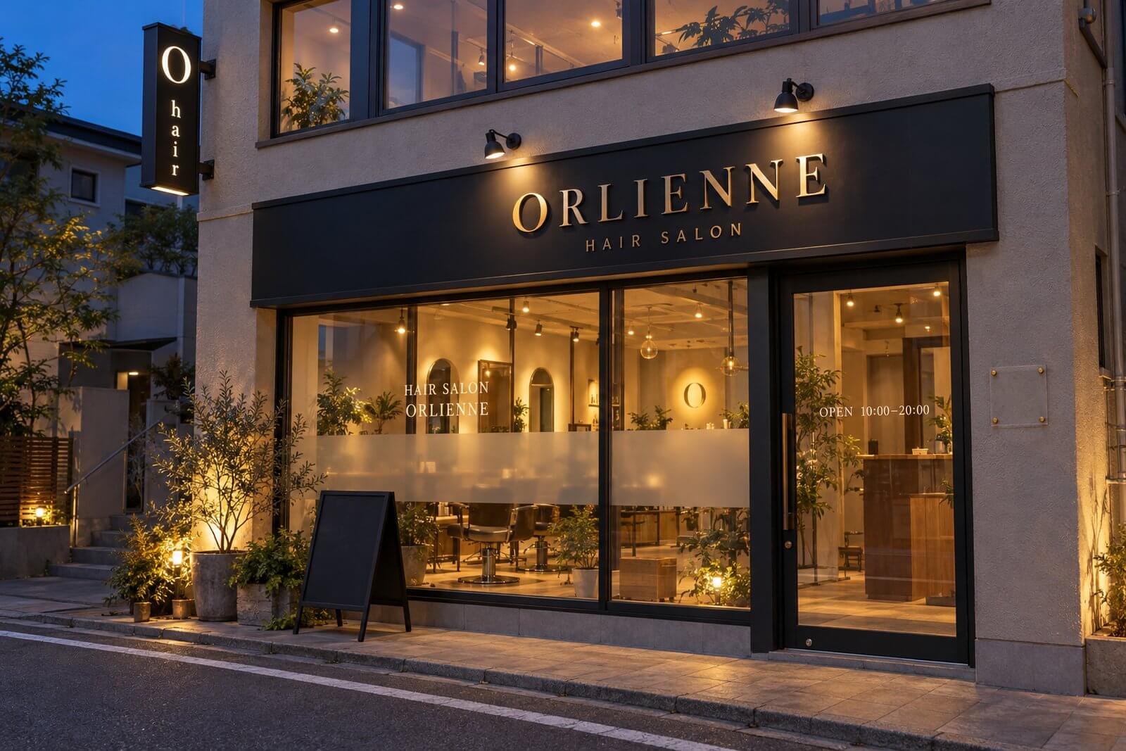 夕方のヘアサロンの外観。黒いパネルにゴールドの立体文字の店名、2灯のスポットライト、袖看板、ガラスの目隠しフィルムと白い文字のウィンドウサイン、店先の黒板のスタンド看板がそろっている