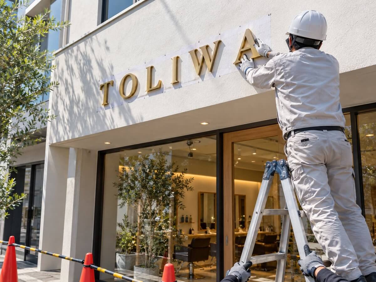 脚立に乗った施工スタッフが、サロンの入口の上の壁に立体文字の店名を取り付けている様子