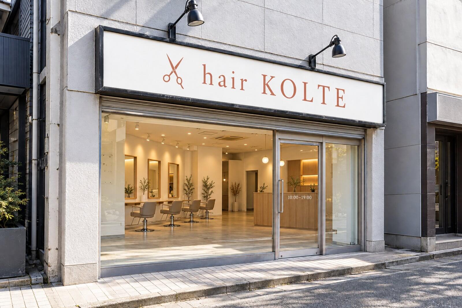 同じ枠と照明をそのまま使い、面だけを新しいヘアサロンの店名のデザインに替えた外観