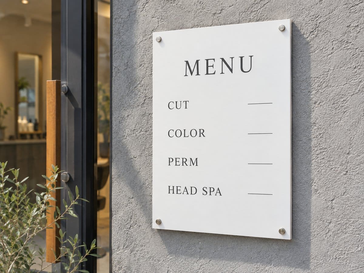 サロンの入口の横の壁に付けた、カット・カラーなどのメニューを並べたシンプルな料金表のプレート看板