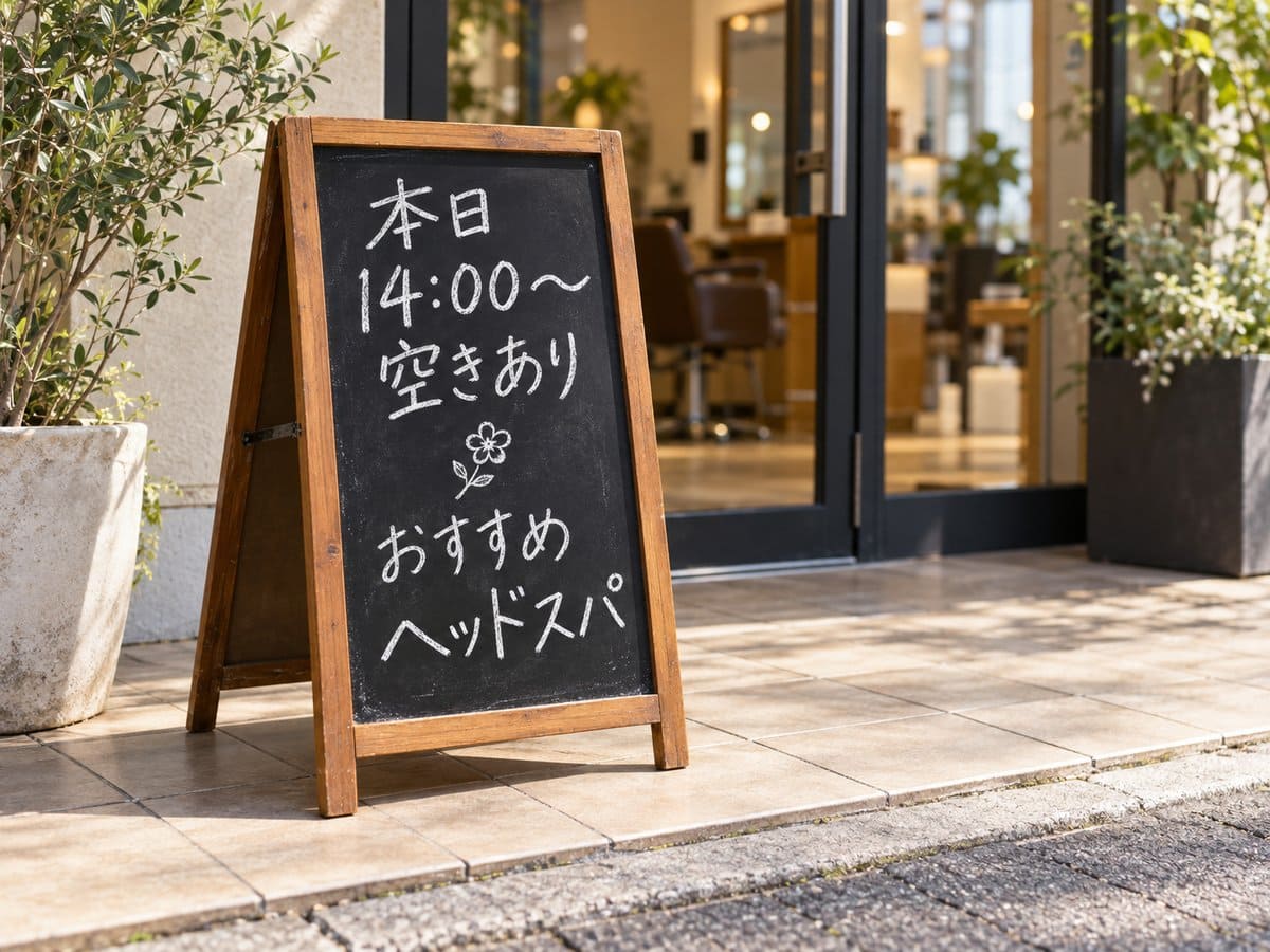サロンの入口の前、敷地の内側に置いた黒板のA型スタンド看板。今日の空き状況とおすすめのメニューが手書きされている