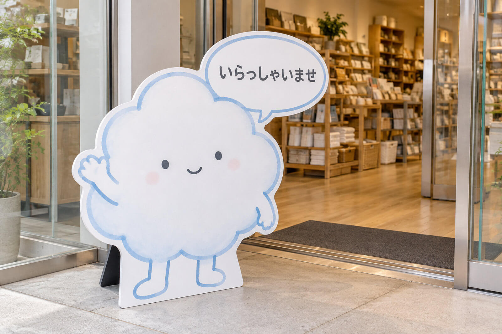 店の入口に立てた、オリジナルのキャラクターの等身大パネル。輪郭に沿って切り抜き、裏にスタンド