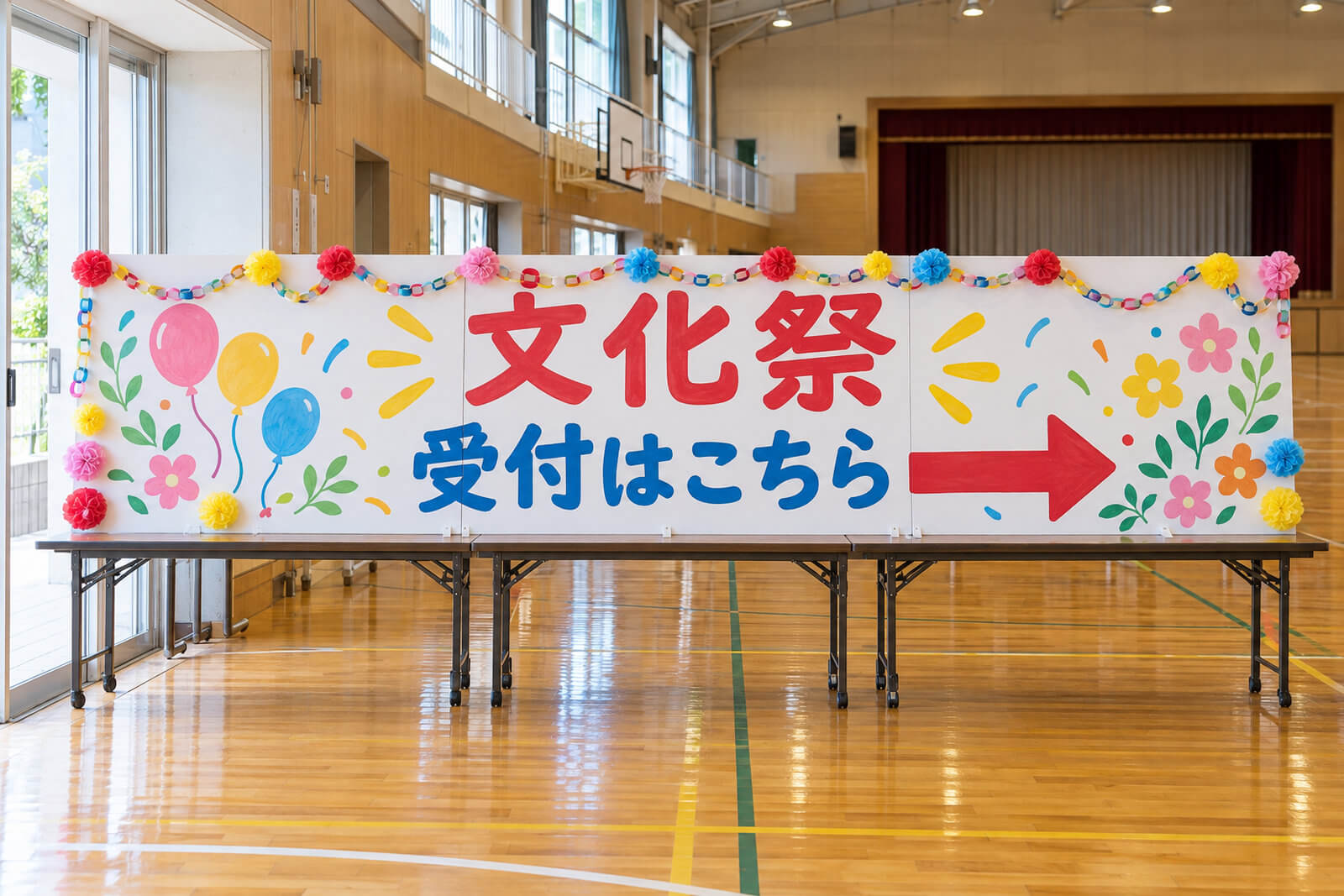 学校の体育館の行事で、3×6のスチレンボードに貼った大きな案内と装飾