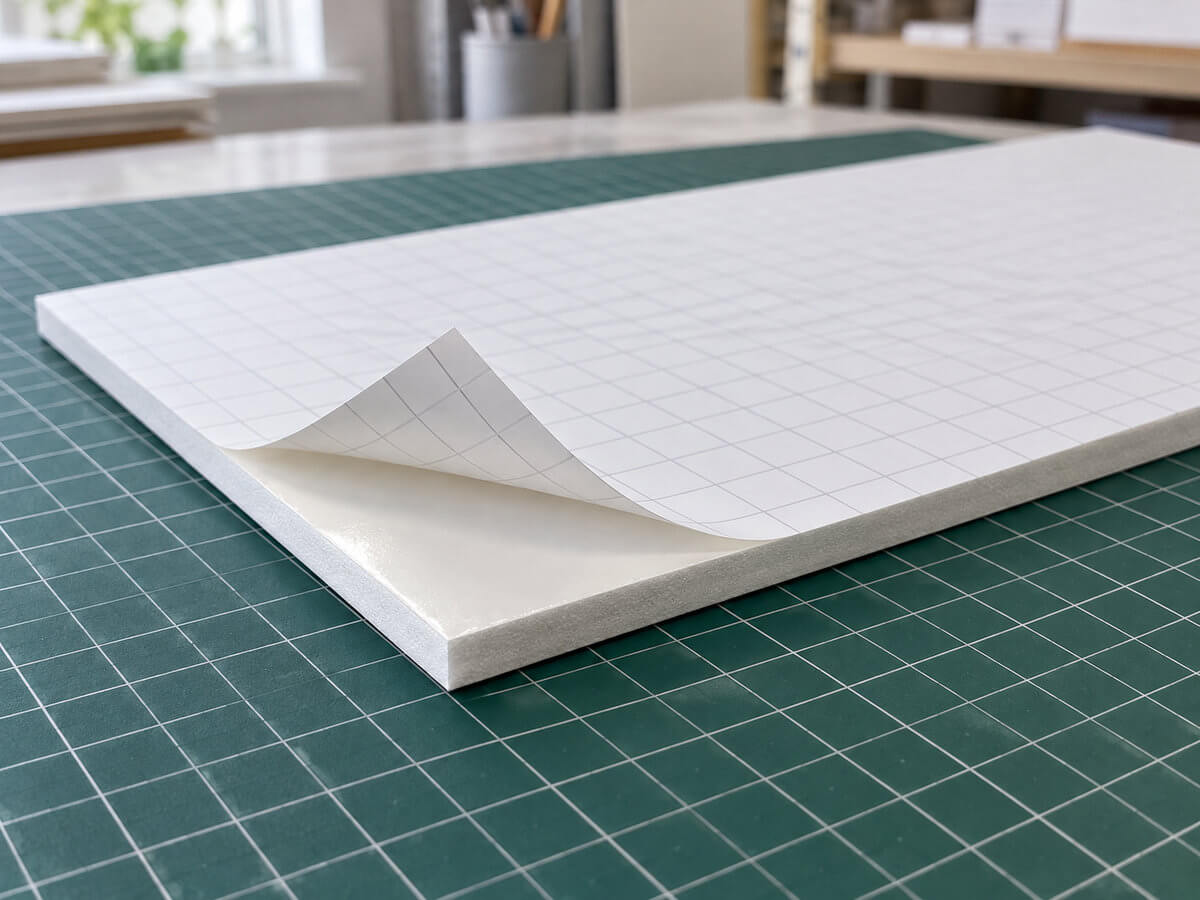 片面のり付きのスチレンボード。方眼の入った剥離紙を角から少しはがし、のりの面が見えている