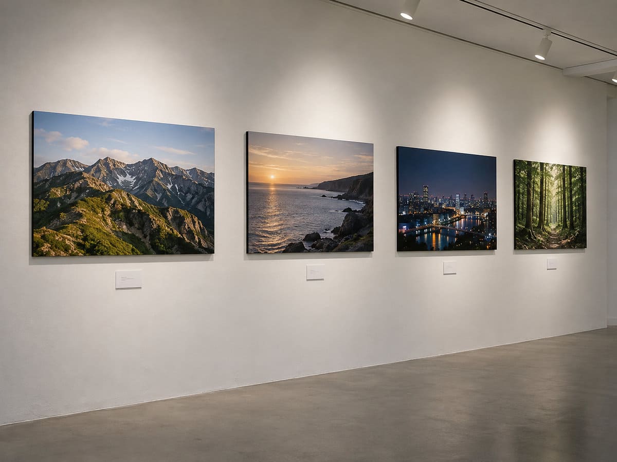 写真展の会場で、黒芯のスチレンボードに貼った写真を壁に並べた様子