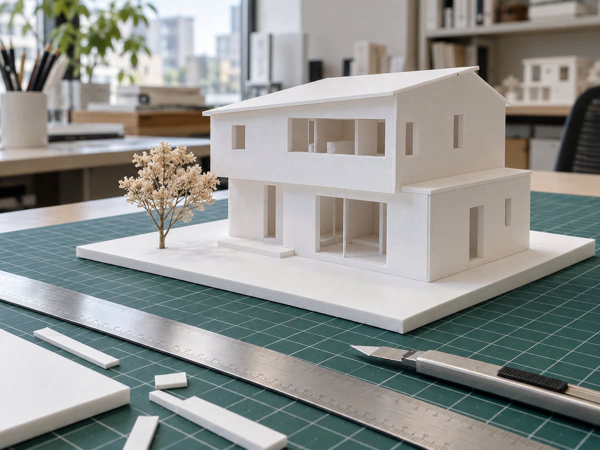 白いスチレンボードで作った建築模型と、カッターと金属の定規