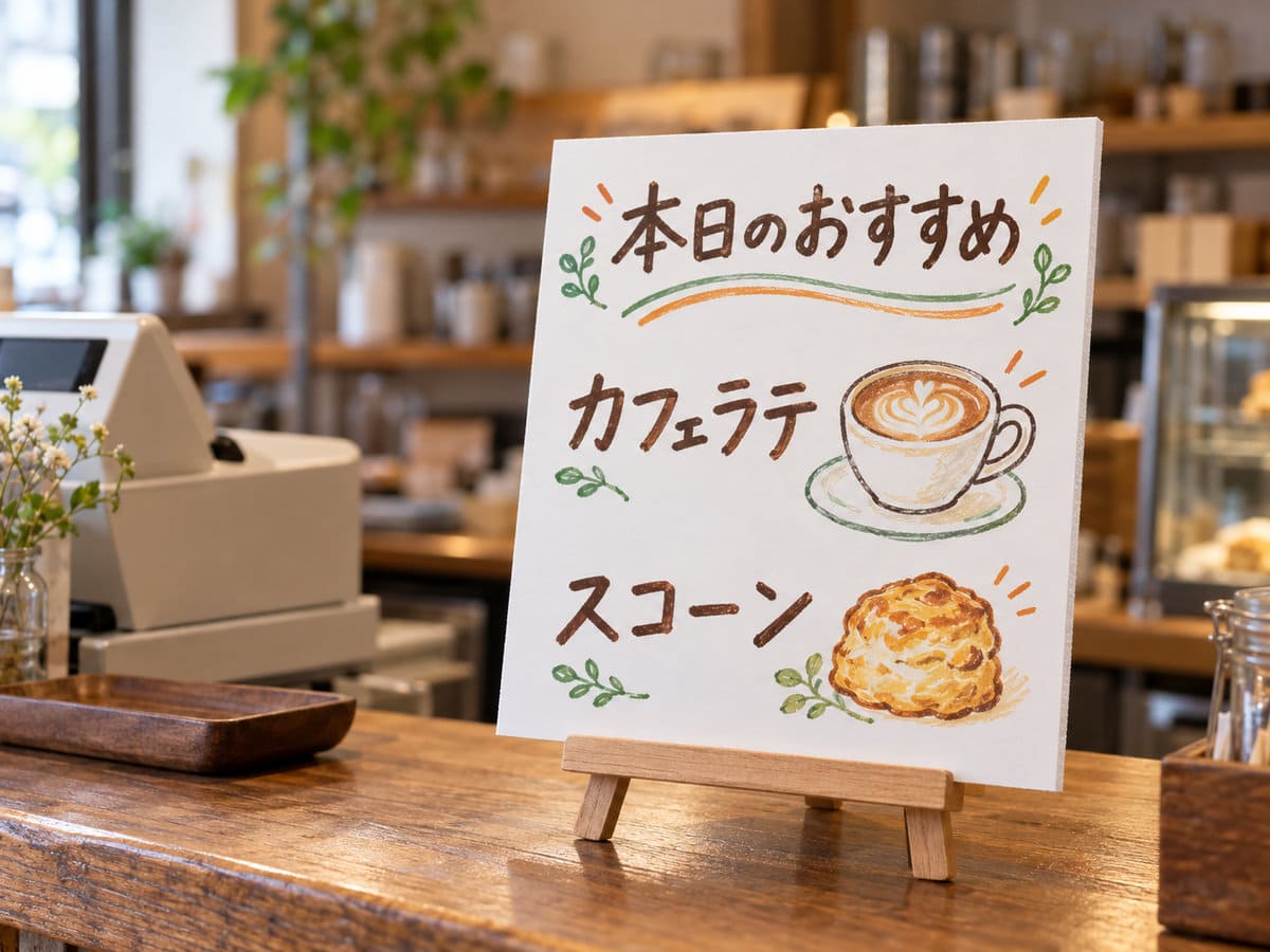 カフェのレジ横に置いた、紙貼りのスチレンボードに手描きしたメニューのPOP