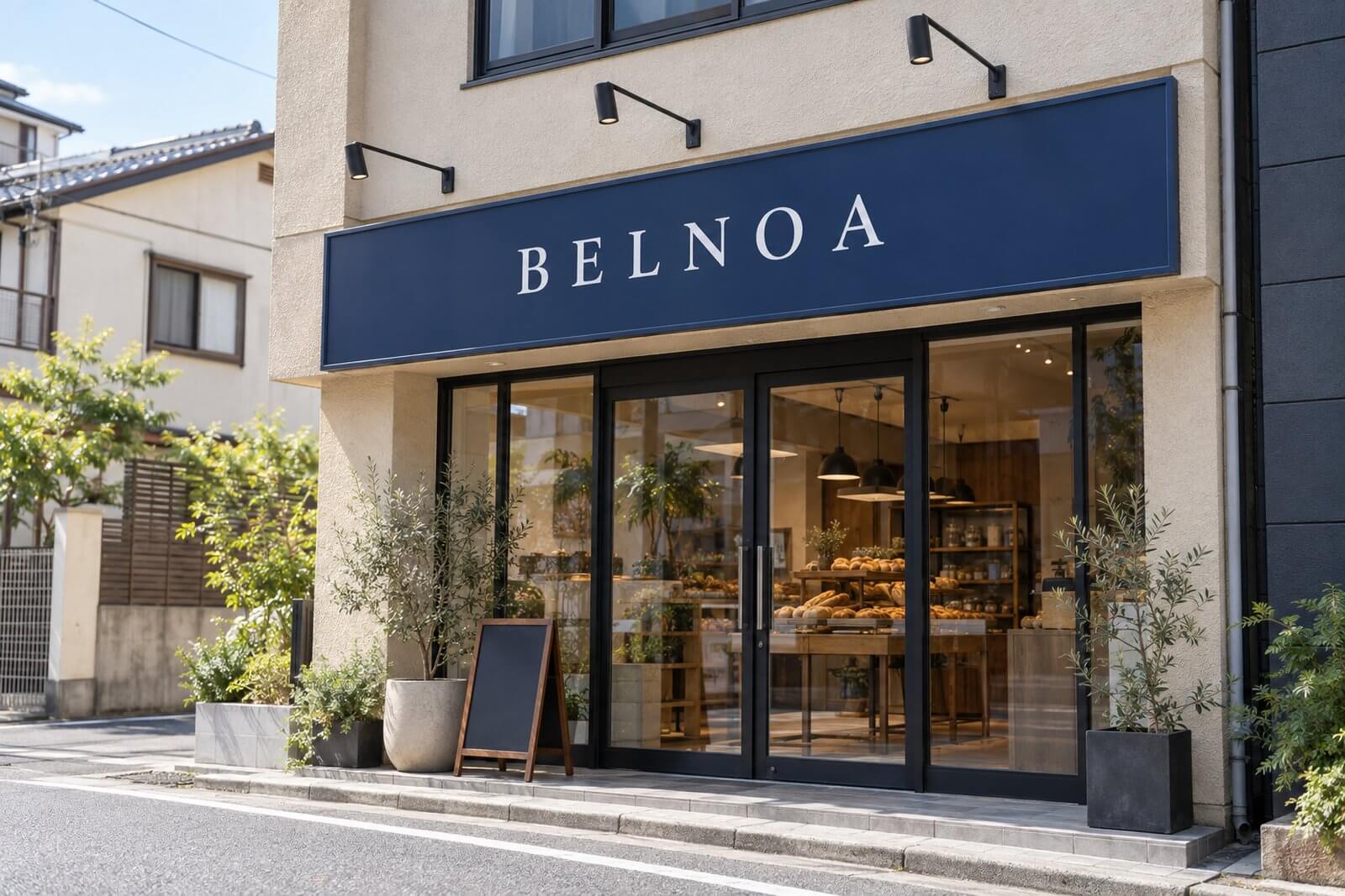 昼の店舗の外観。入口の上の横長の看板と、看板の上に取り付けた3灯の黒いアームスポットライト（消灯）