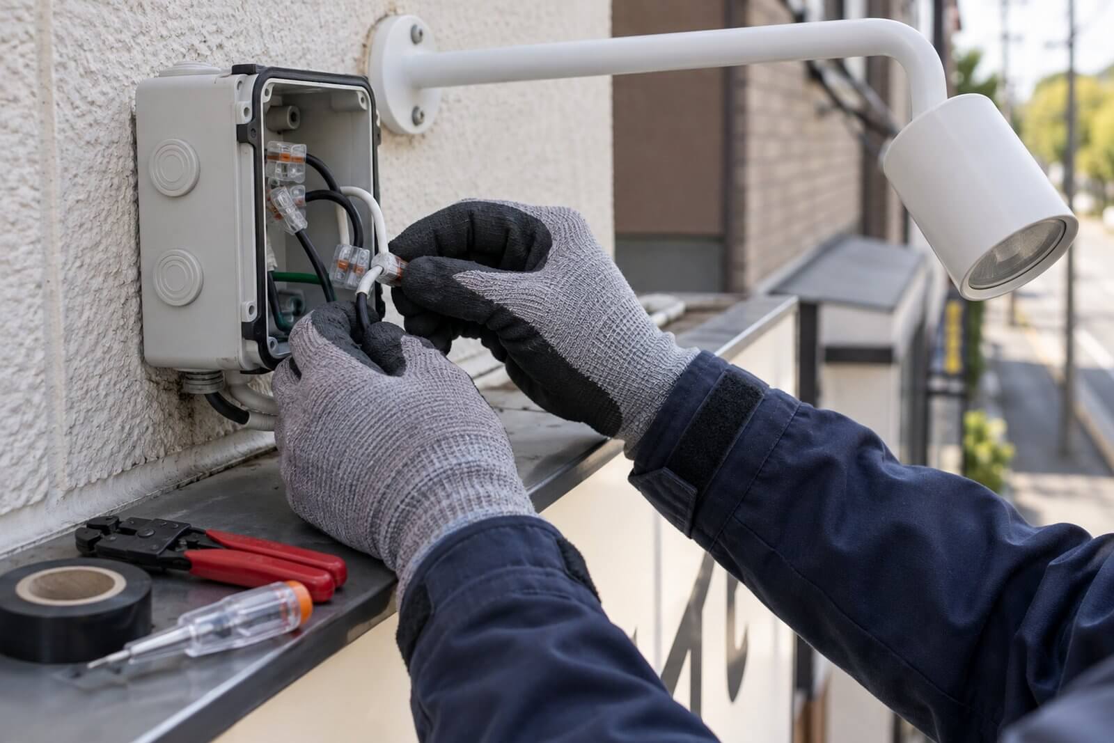 作業員が看板の上で、LEDアームスポットライトから出ている電線を電源の配線につなぐ作業をしている手元のアップ