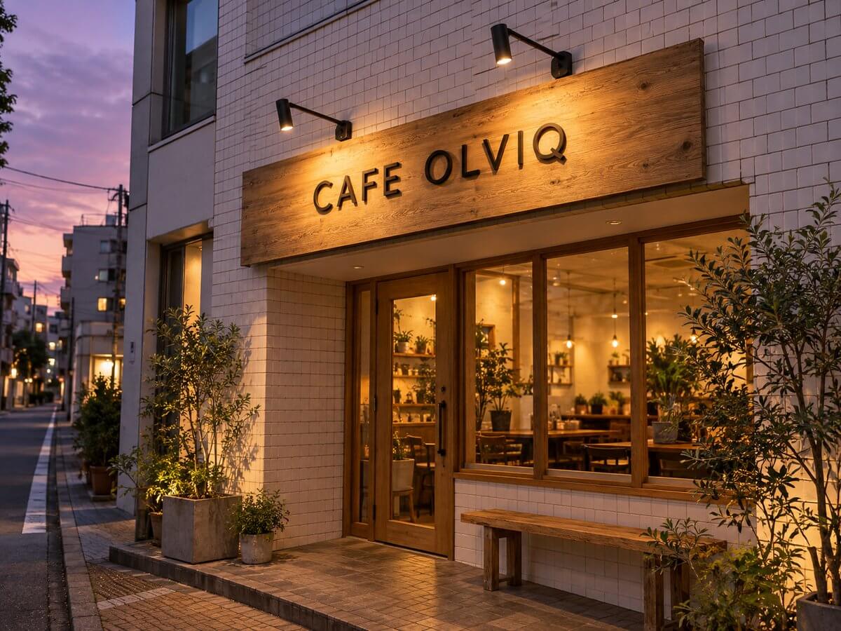夕方のカフェの入口。木目の看板の上に黒い本体のアームスポットライトが2灯付き、電球色のあたたかい光で照らしている