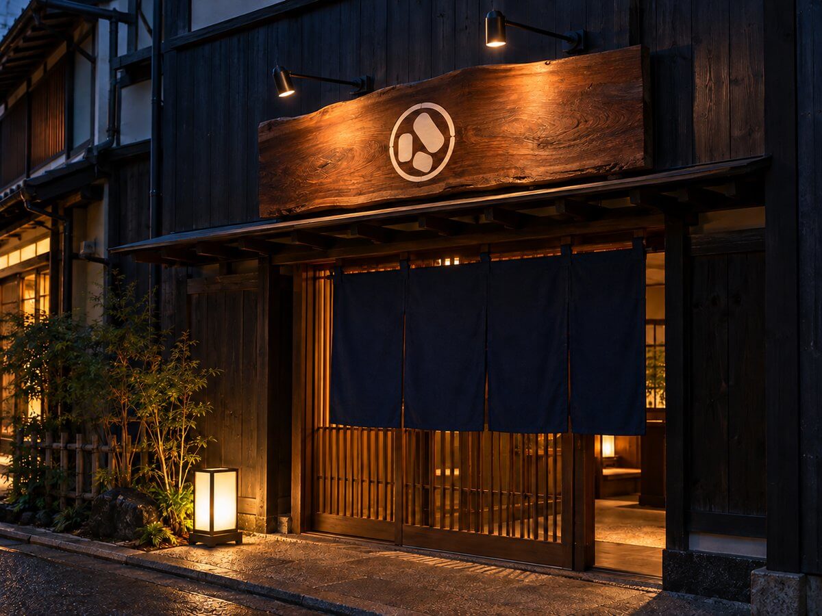夜の和食店の入口。軒の上の木の看板を、黒い本体のストレートアームのスポットライトが電球色で照らし、下にのれんが見える