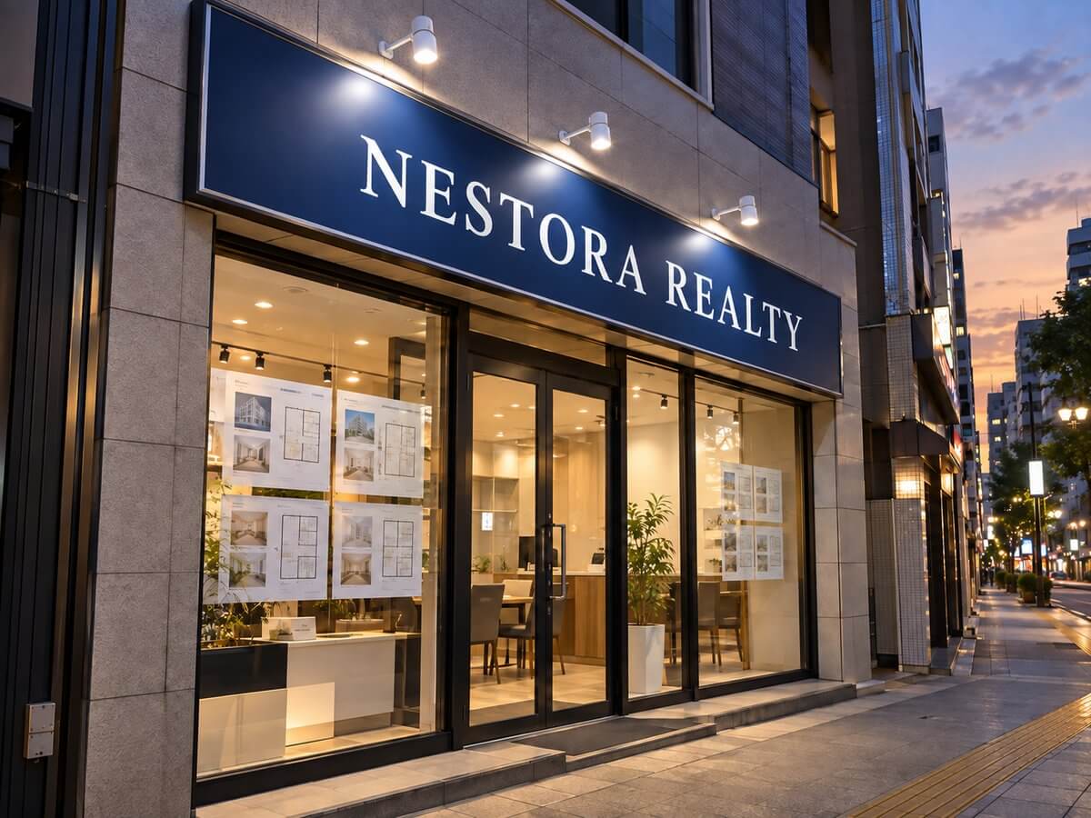 夕方の不動産店の入口。軒の浅い入口の上の看板を、短いストレートアームの白いスポットライトが照らしている
