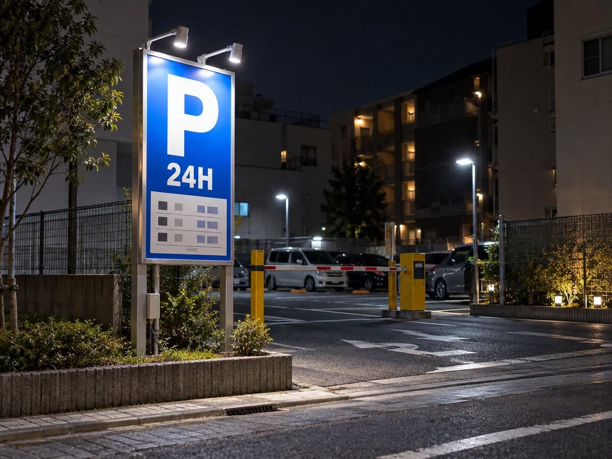夜の駐車場の入口に立つ自立看板。看板の天板に取り付けたアームスポットライトが、料金表示の面を上から照らしている