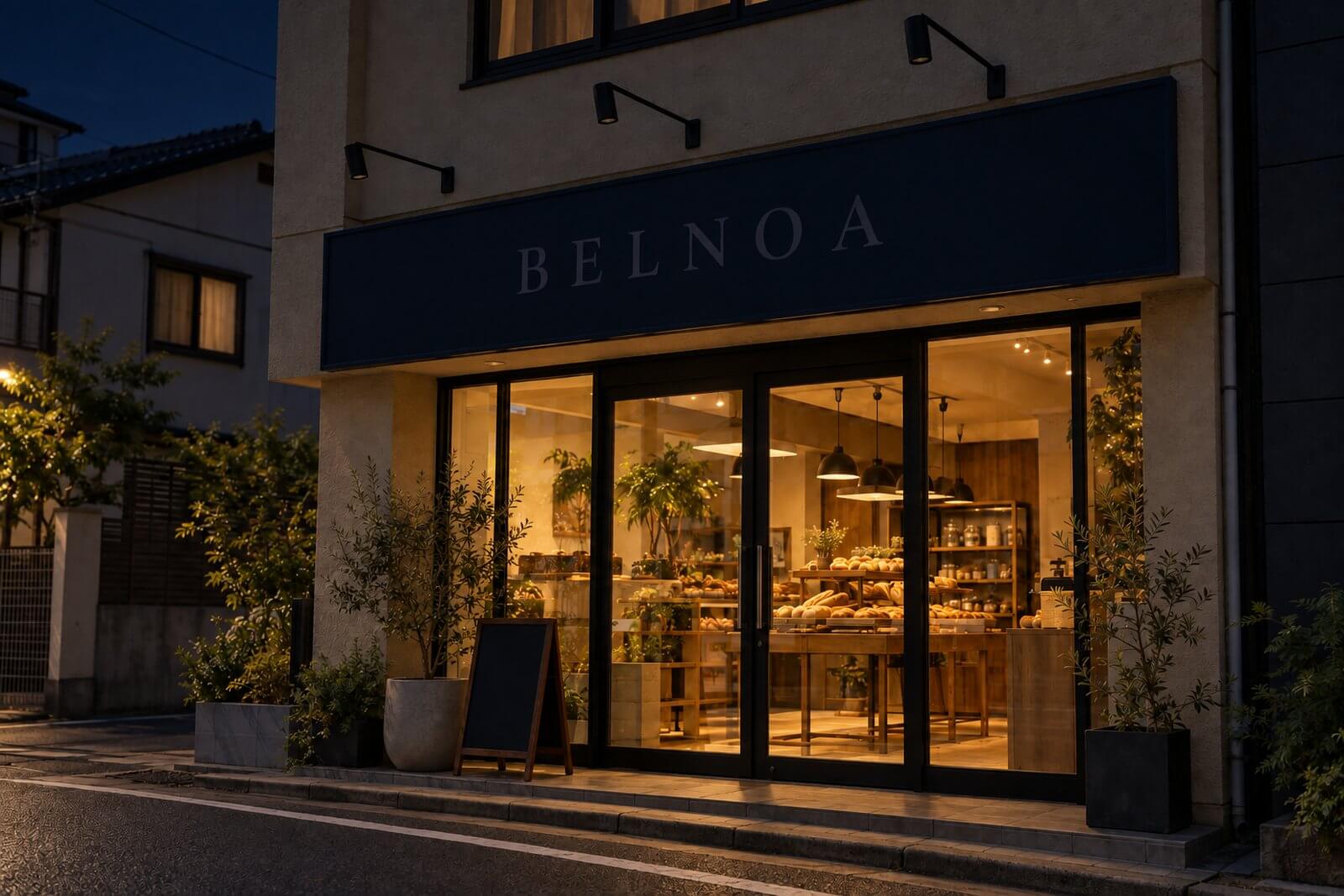 同じ店舗の夜の外観。照明がなく、看板の店名が暗くてほとんど読めない