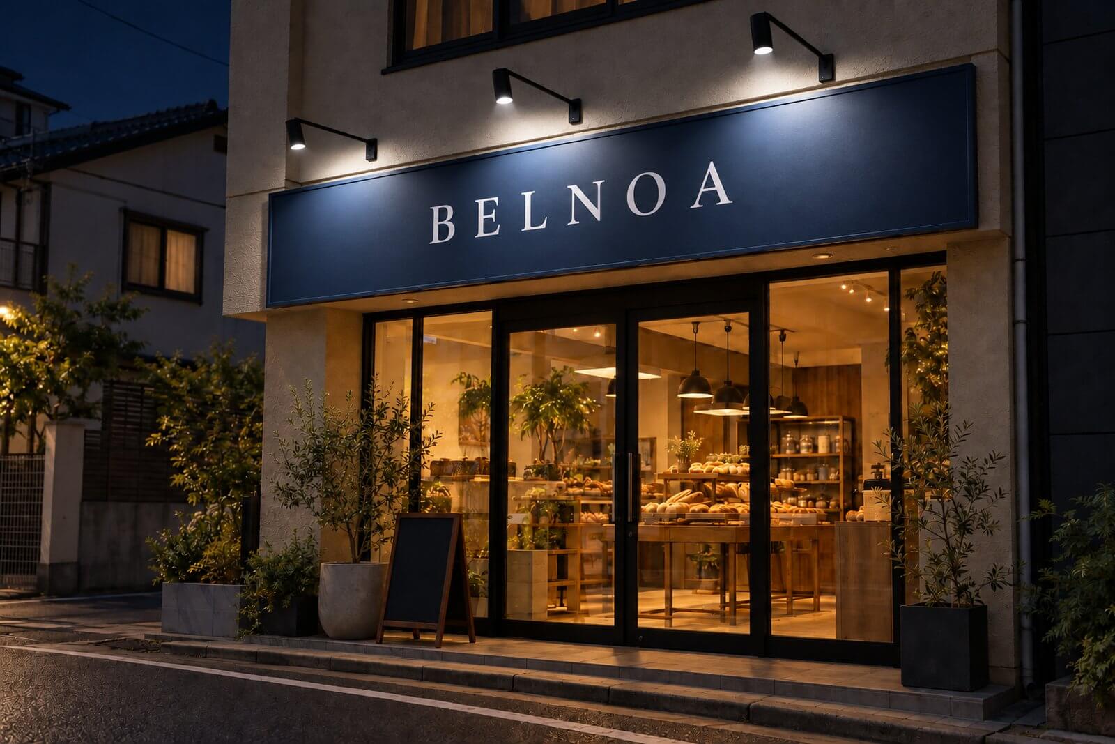 同じ店舗の夜の外観。3灯のLEDアームスポットライトが看板を上から照らし、店名がはっきり読める