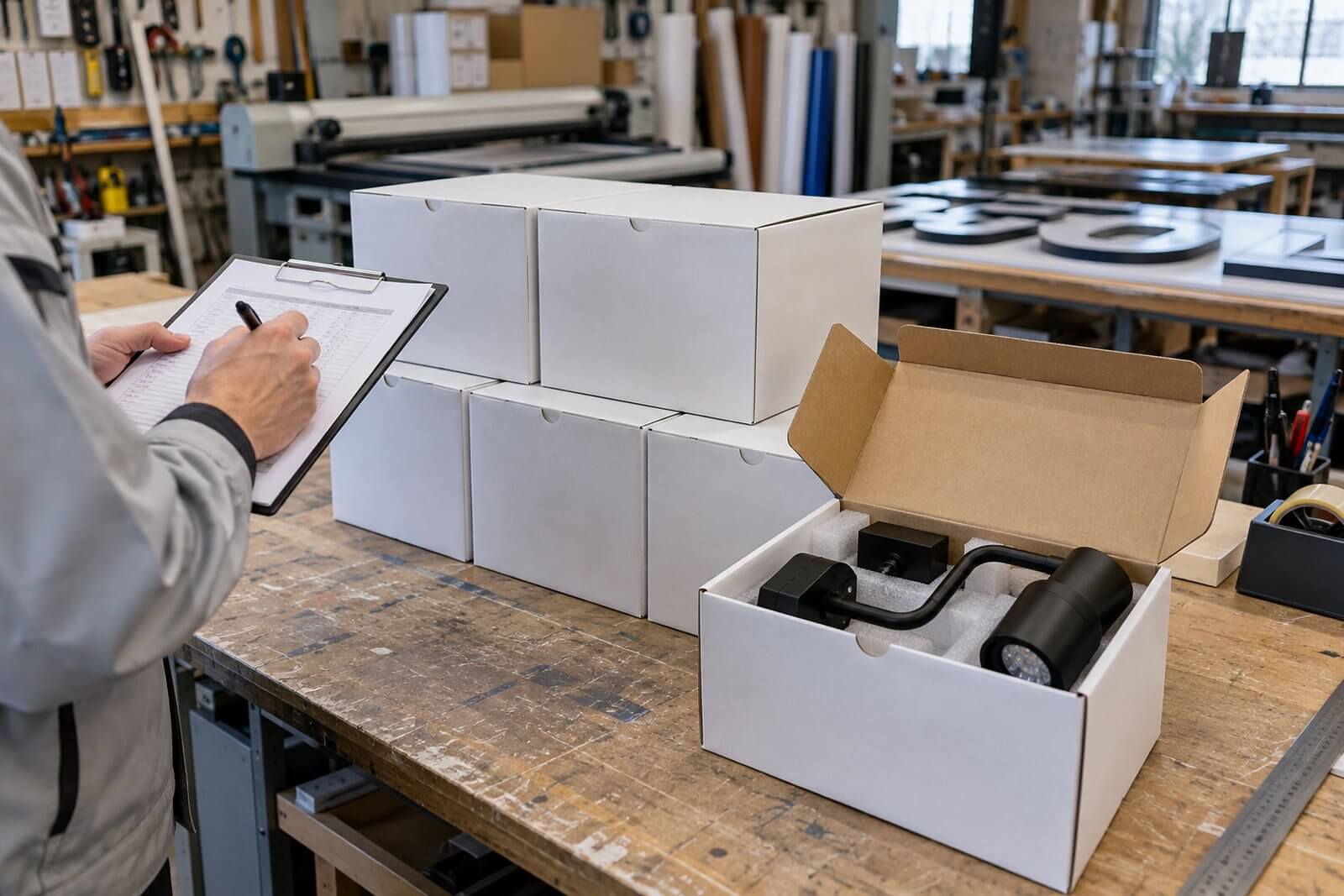 看板の工房の作業台に、同じ型のアームスポットライトの箱がいくつも並び、作業着のスタッフが伝票と型番を確認している手元