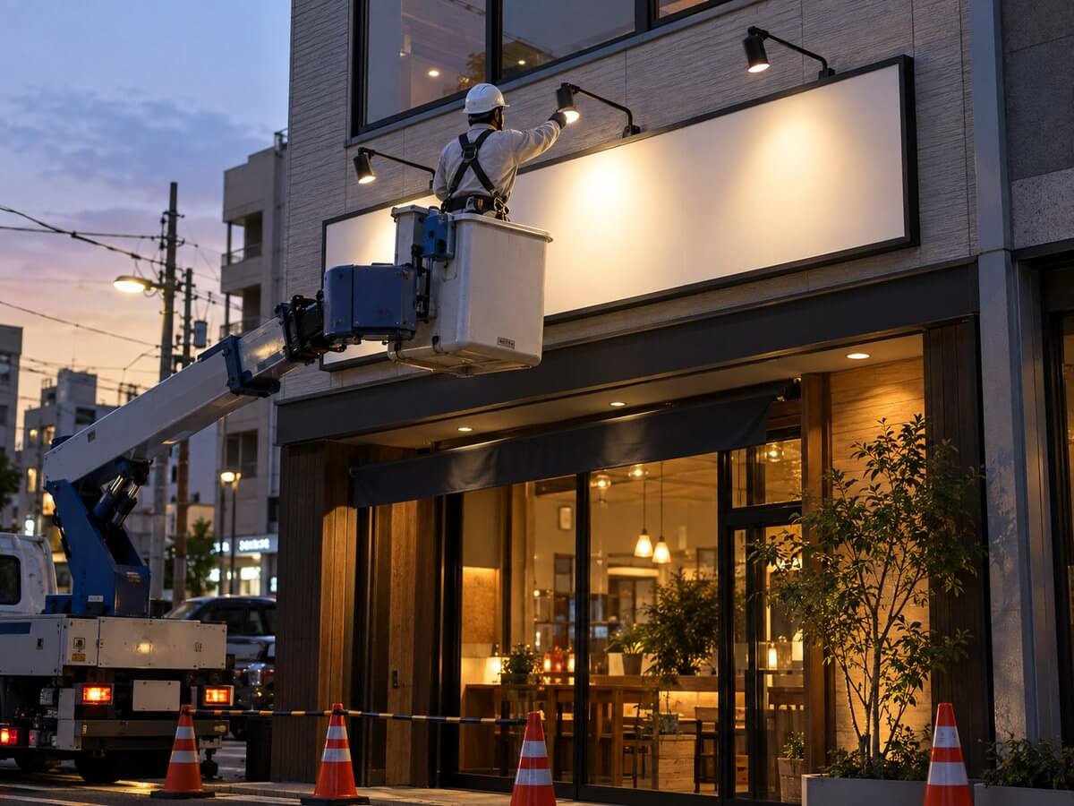 夕方、高所作業車に乗った施工スタッフが店舗の看板の上のアームスポットライトの角度を調整している様子