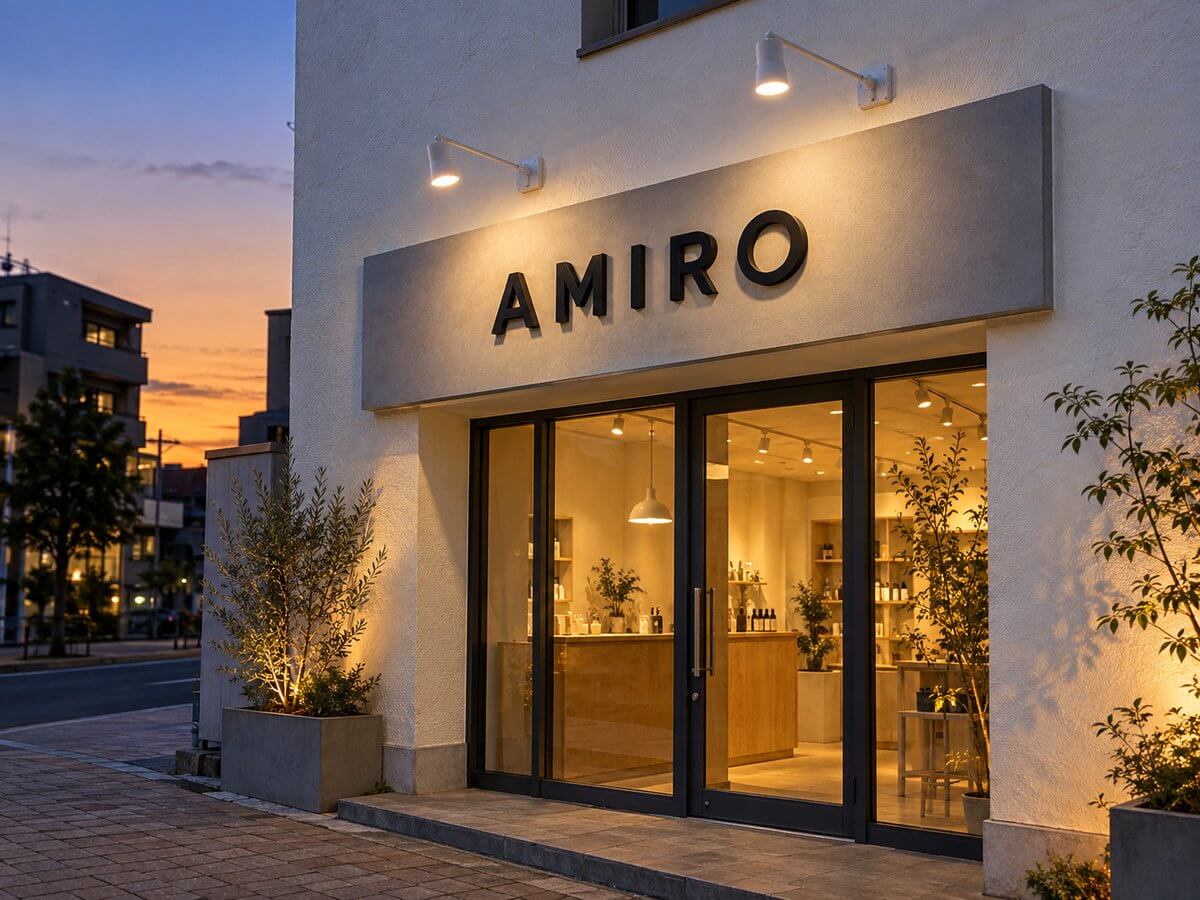 新しく取り付けた横長のファサード看板と、その上の2灯のアームスポットライトが夕方に点灯している店舗の外観