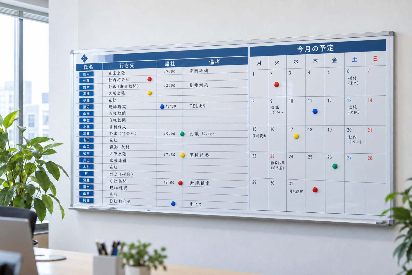 特注ホワイトボード製作・設置工事｜行動予定表・配車表など罫線を消え