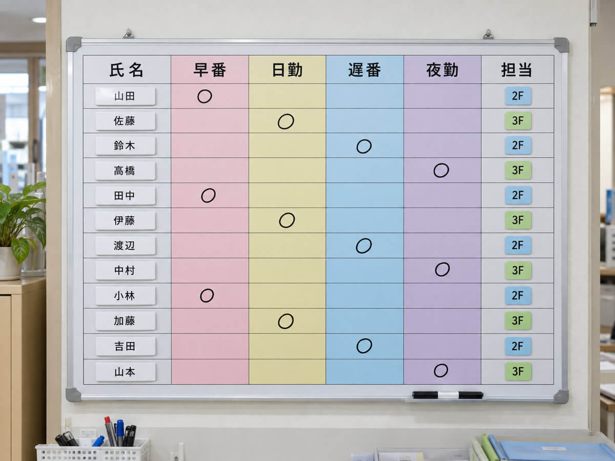 介護施設のスタッフルームに掛けた勤務表の特注ホワイトボード。スタッフ名の行と早番・日勤・遅番・夜勤の列が淡い色で色分けされ、担当フロアのマグネットが貼られている