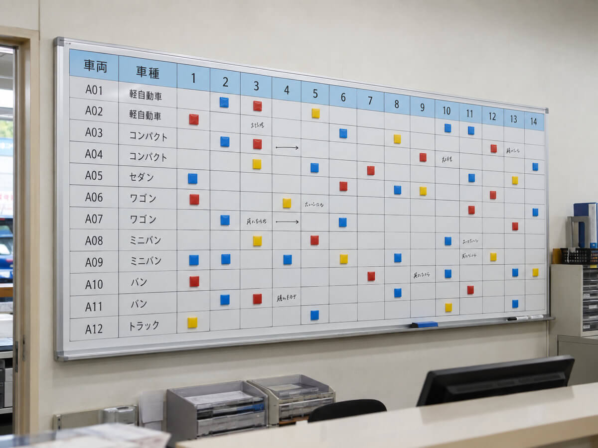 レンタカー店の配車表の特注ホワイトボード。縦に車両ナンバーと車種、横に日付と時間帯の列が印刷され、予約の欄に色の違うマグネットが貼られている