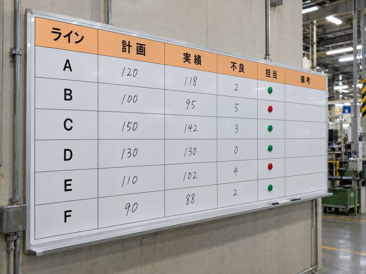 工場の生産管理ボードの特注ホワイトボード。ラインごとの行と、計画・実績・不良・担当者の列が印刷され、工程の進み具合をマグネットで示している