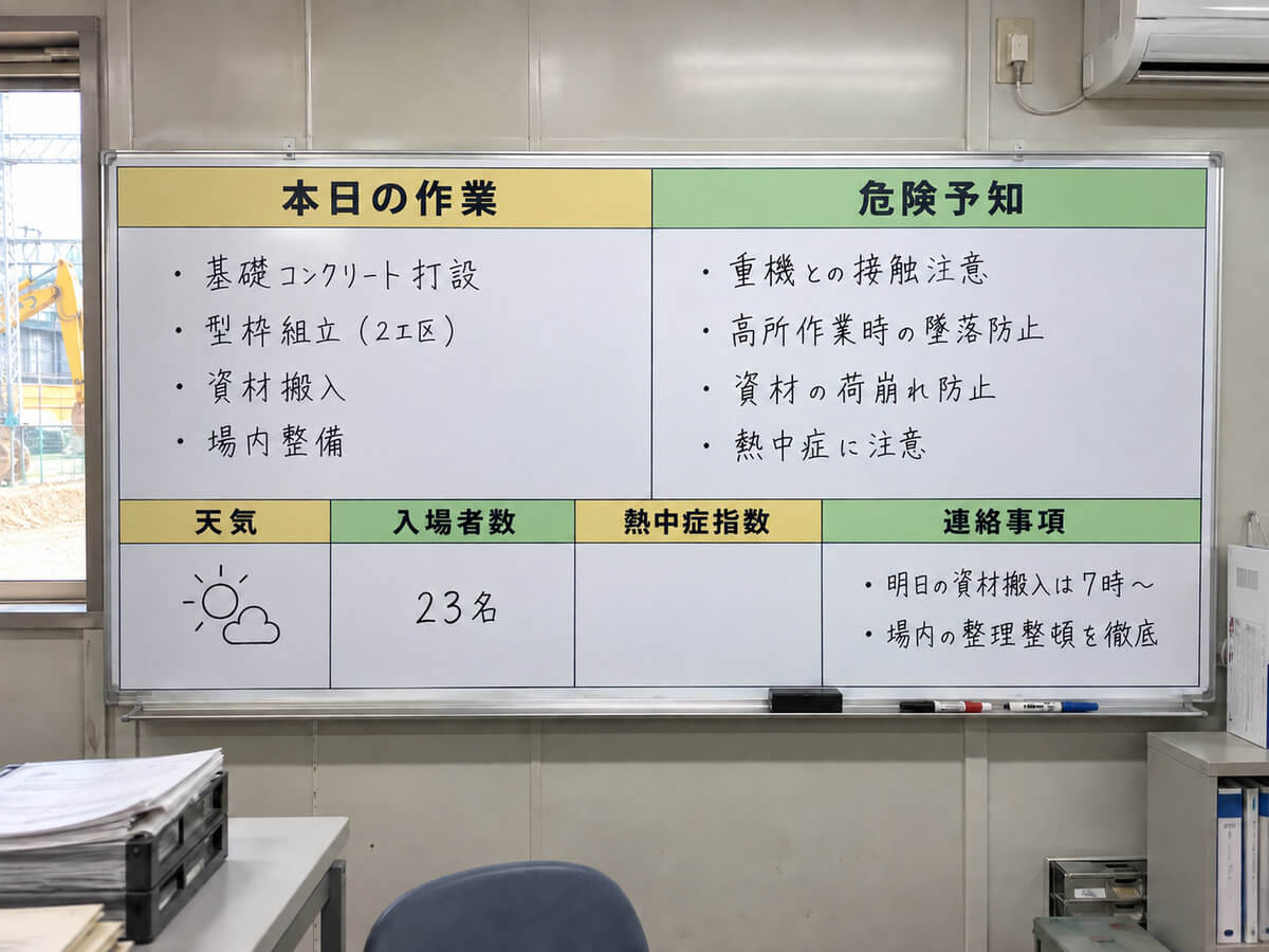 建設現場の事務所に掛けた安全管理ボードの特注ホワイトボード。本日の作業内容・危険予知・天気・入場者数・熱中症指数の欄が印刷され、色分けされた見出しが並ぶ