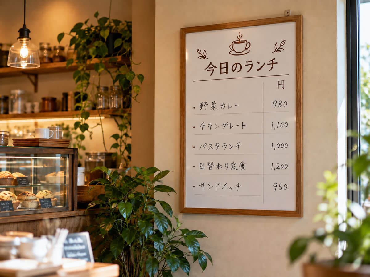 カフェの壁に掛けた日替わりメニューの特注ホワイトボード。店のロゴとメニューの見出し、価格の列が印刷され、料理名の欄だけ手書きで書かれている