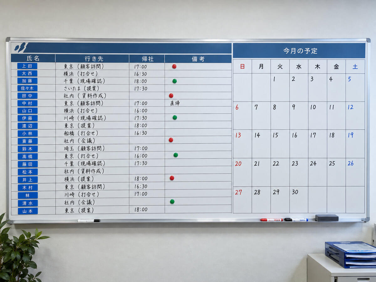 営業部の行動予定表の特注ホワイトボード。左に20名分の名前欄と行き先・帰社時間・備考の列、右側に当月のカレンダー欄、上部に会社ロゴが印刷され、名前の欄に青いネームマグネットが並ぶ