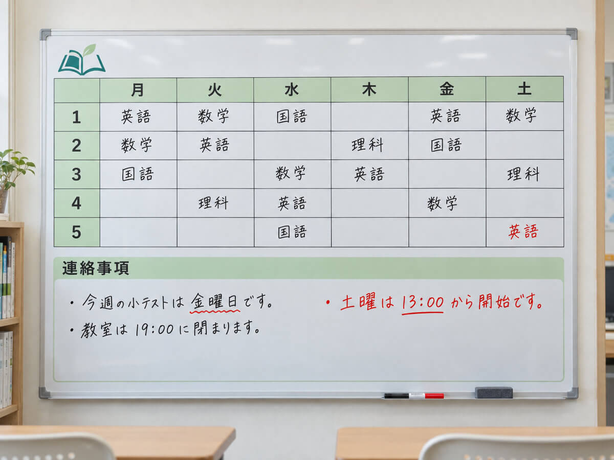 学習塾の教室に掛けた時間割と連絡事項の特注ホワイトボード。上段に曜日と時限の表、下段に自由に書ける連絡欄があり、塾のロゴが入っている
