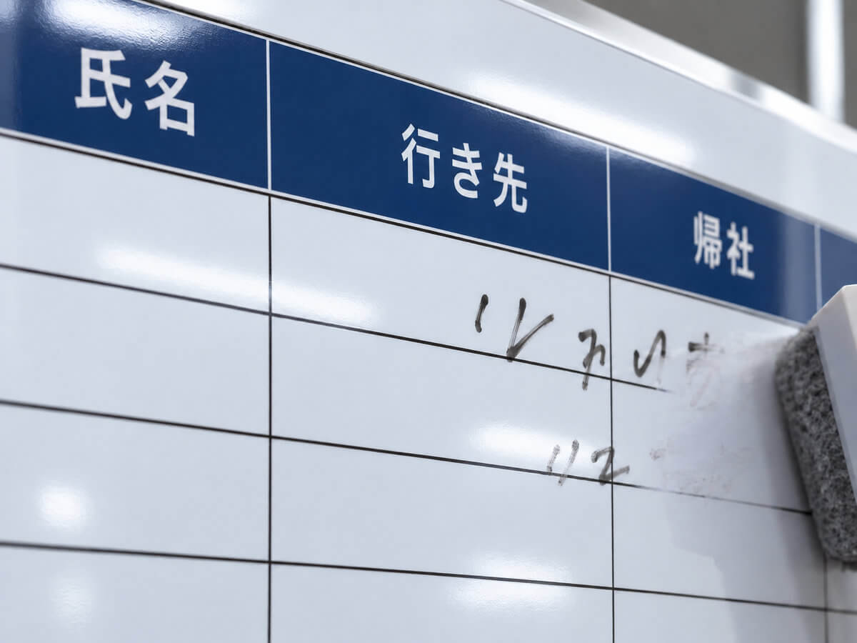 フルカラー印刷した行動予定表の罫線と色分けされた見出し欄のアップ。表面は透明のホワイトボード用ラミネートで覆われ、マーカーの文字がきれいに消えている