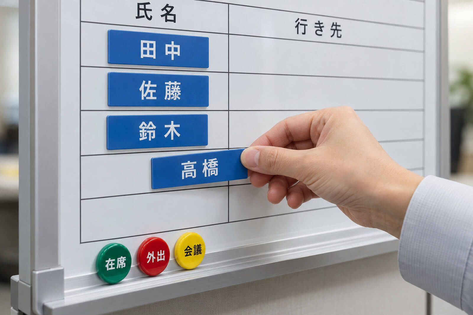 特注ホワイトボードの名前欄に、社員の名前を印刷した青いネームマグネットを並べて貼っている手元。横には在席・外出・会議の色分けマグネットが置かれている