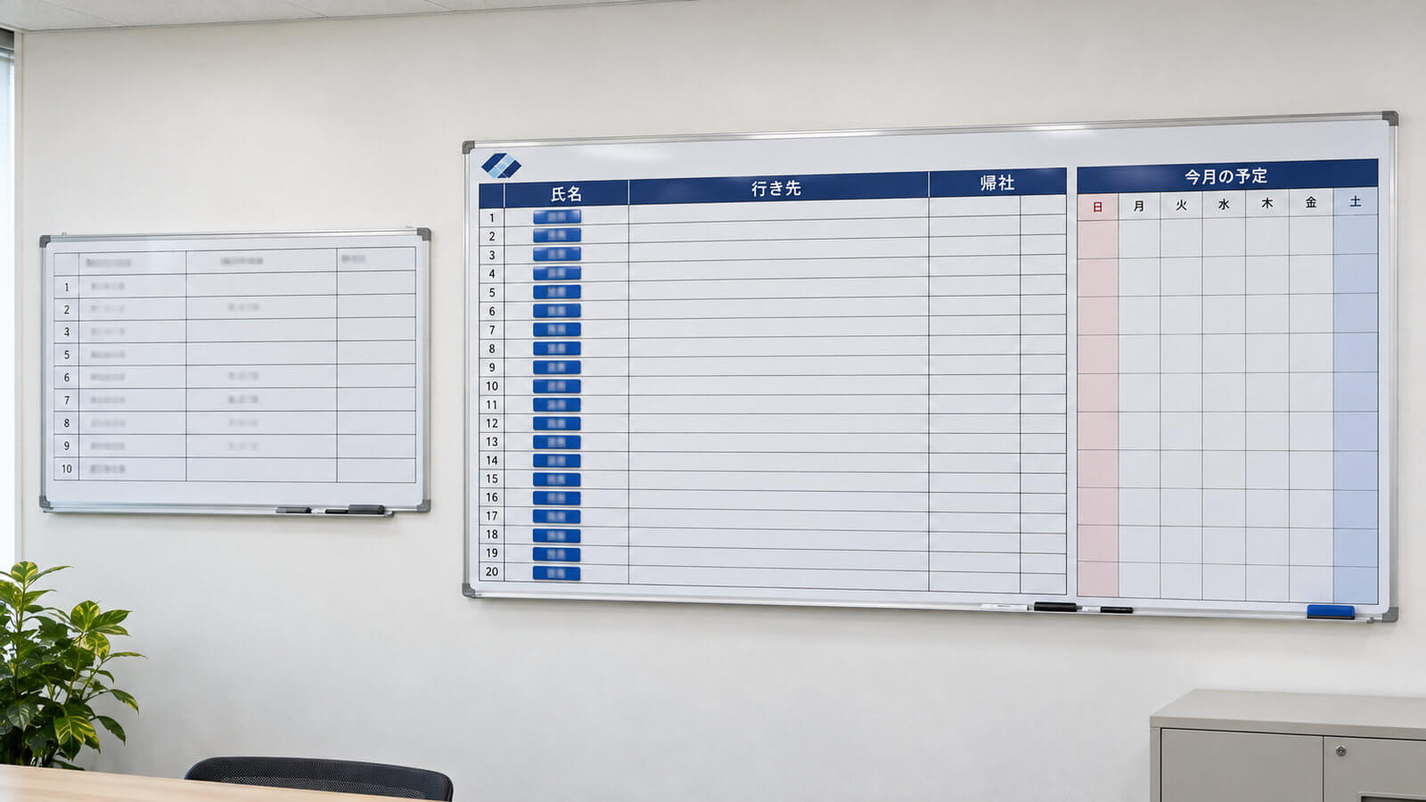 同じ事務所の壁で、左に既製品の10名用行動予定表の壁掛けホワイトボード、右に壁の幅いっぱいに合わせて20名分の名前欄とカレンダーを印刷した特注ホワイトボードを並べた比較写真