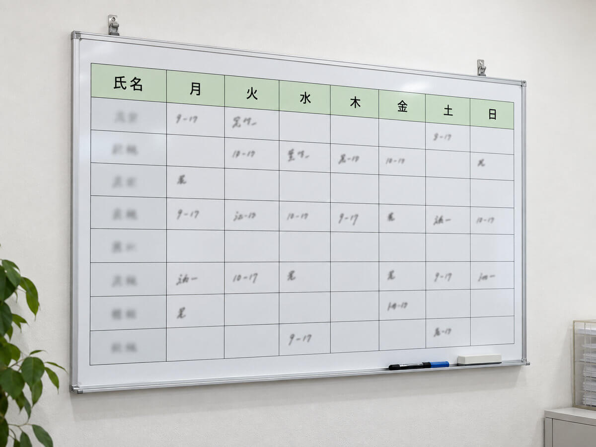 事務所の白い壁に吊り金具で掛けた横1200mmの特注ホワイトボード。アルミフレームと下部の粉受け、印刷された週間シフト表の罫線が見える